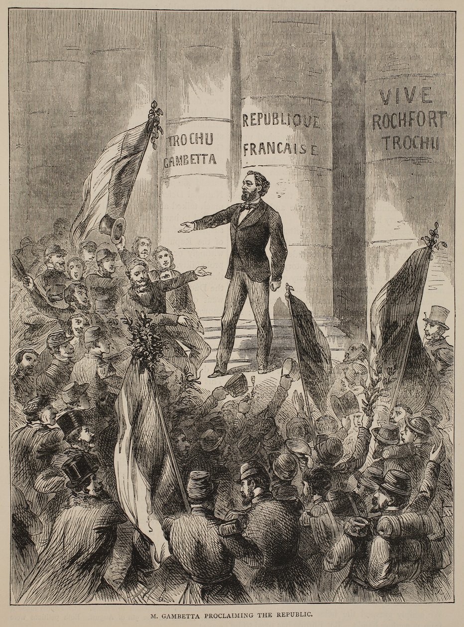 M. Gambetta roept de Republiek uit, september 1870, illustratie uit Cassells Geschiedenis van de Oorlog tussen Frankrijk en Duitsland, 1870-1871 door French School
