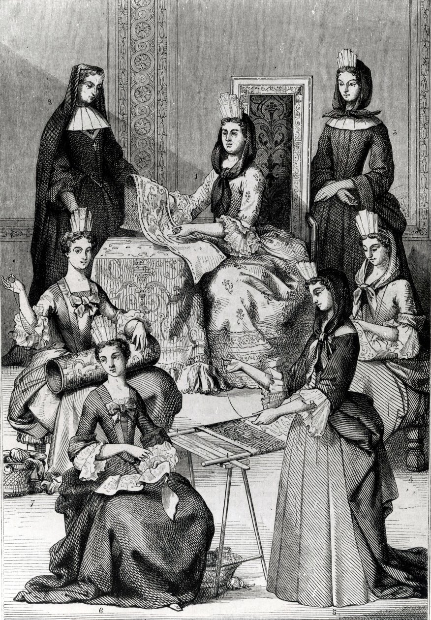 Madame de Maintenon met haar Hofdames door French School