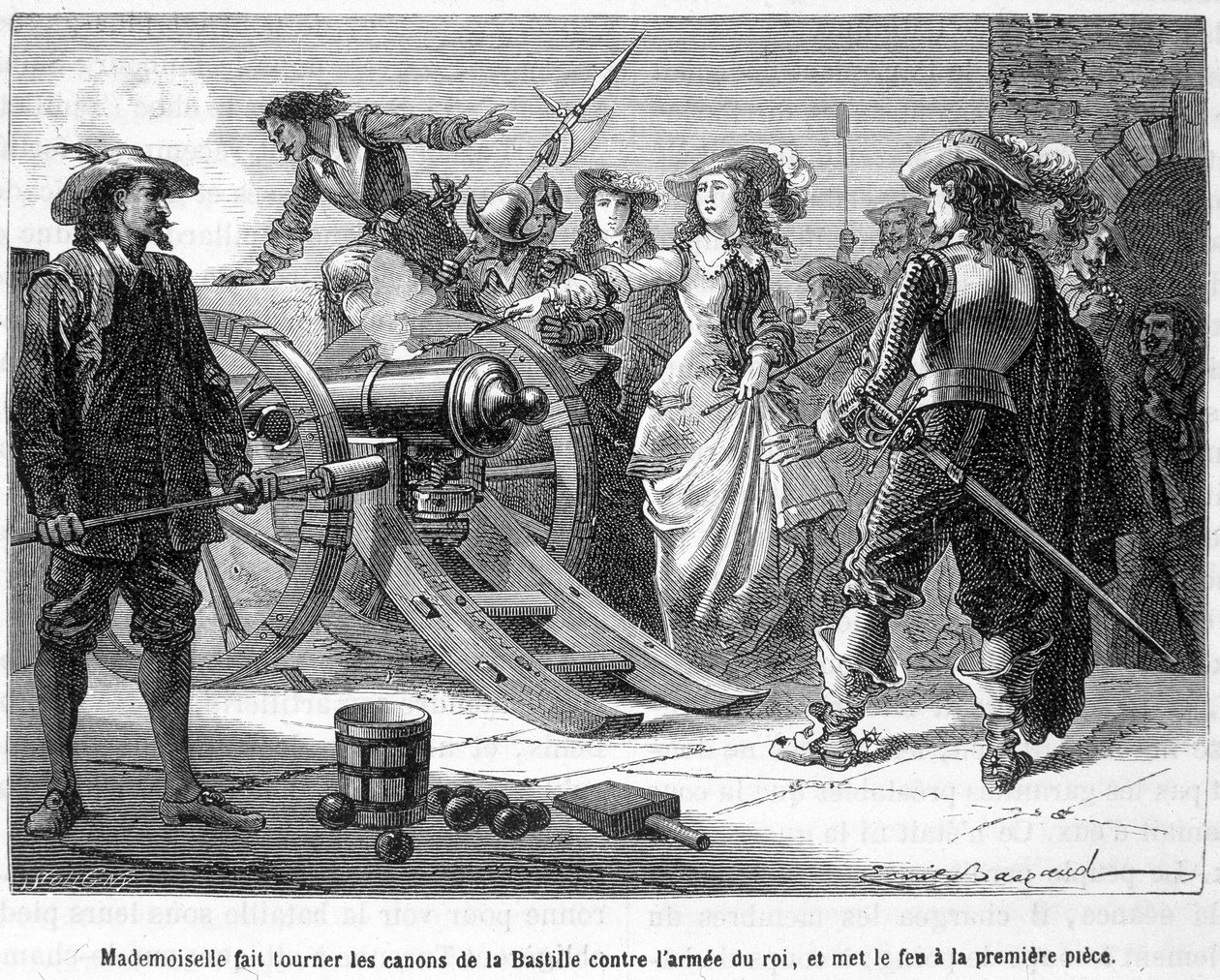 Juffrouw (Grote Juffrouw = Hertogin van Montpensier) richtte de kanonnen van de Bastille tegen het leger van de koning en stak het eerste stuk aan - in "Histoire de France populaire" door Henri Martin. door French School