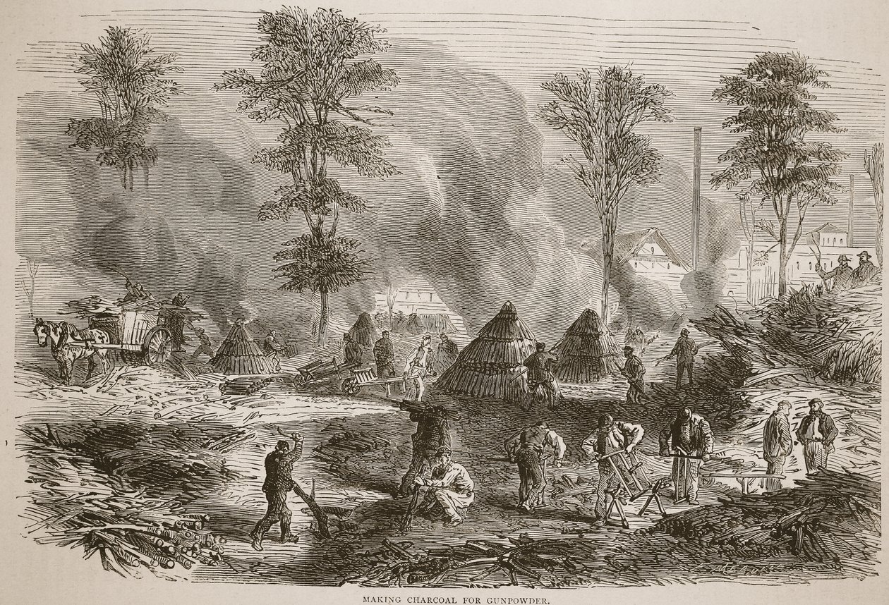 Houtskool maken voor buskruit, illustratie uit Cassells Geschiedenis van de Oorlog tussen Frankrijk en Duitsland, 1870-1871 door French School