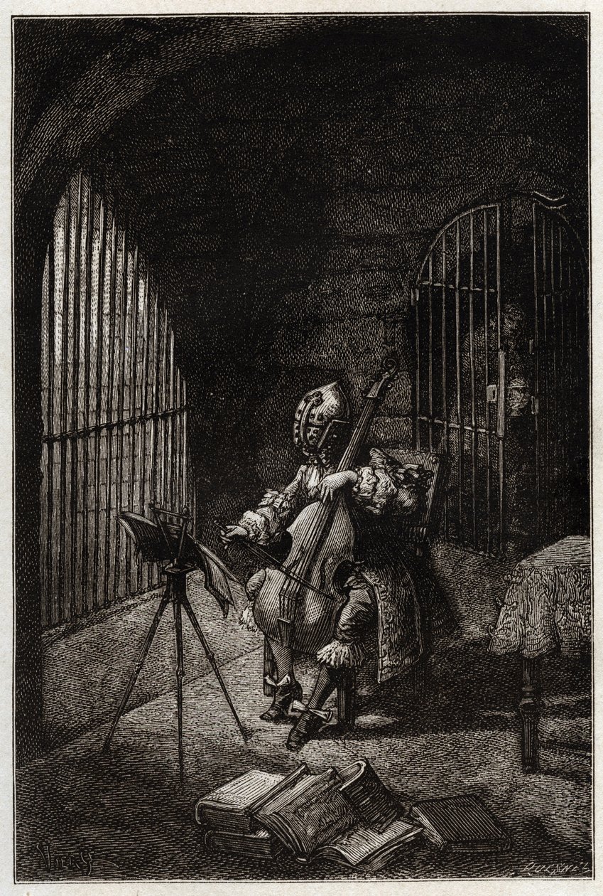 De Man met het IJzeren Masker, spelend op de cello in de gevangenis - gravure uit 
