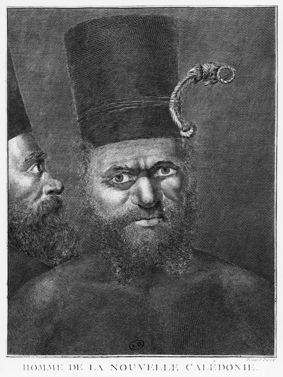 Man van Nieuw-Caledonië, illustratie uit de Tweede Reis van Kapitein James Cook, gegraveerd door Benard, 1774 door French School