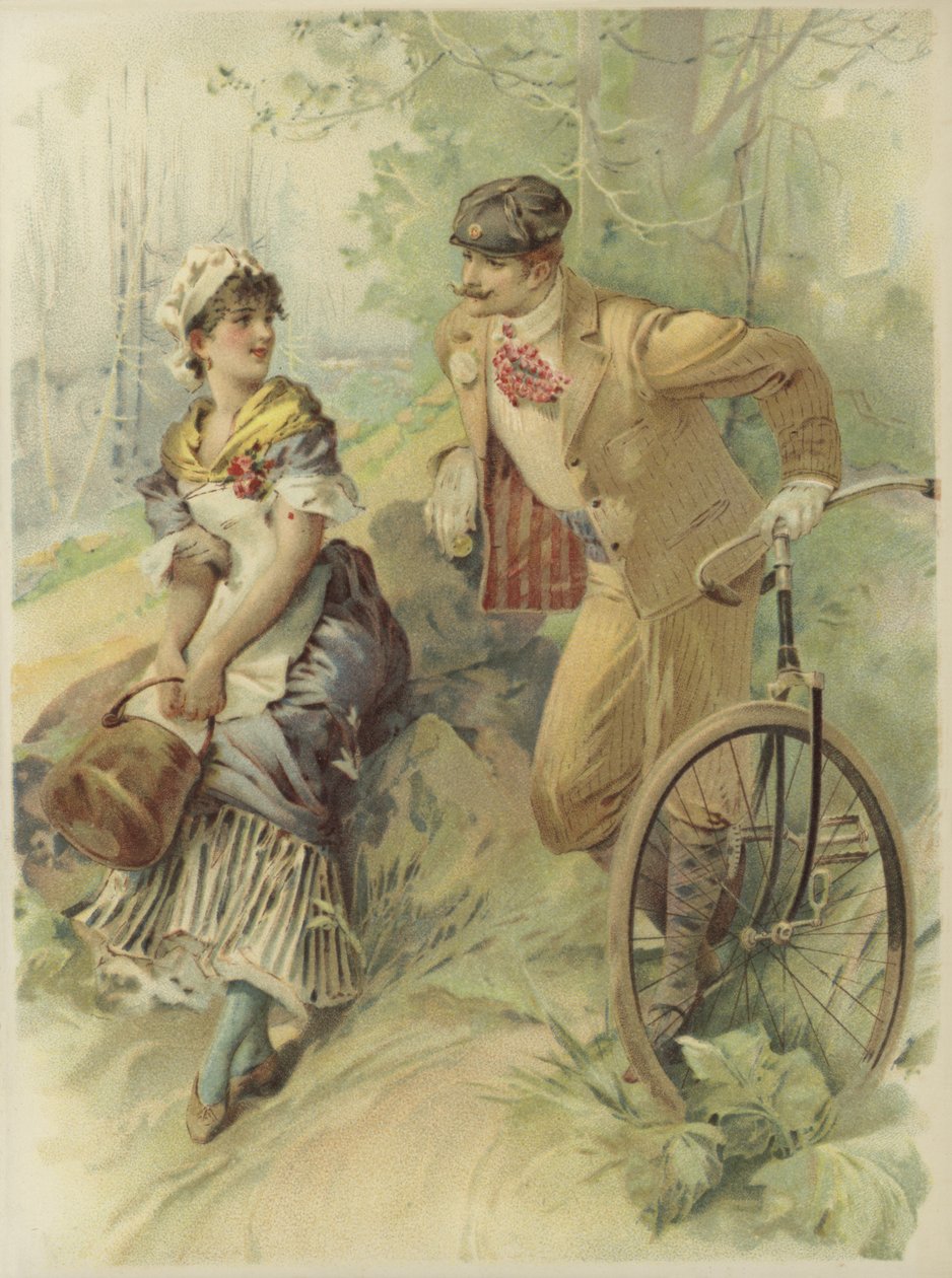 Man op fiets doet dienstmeisje aanzoek (chromolitho) door French School