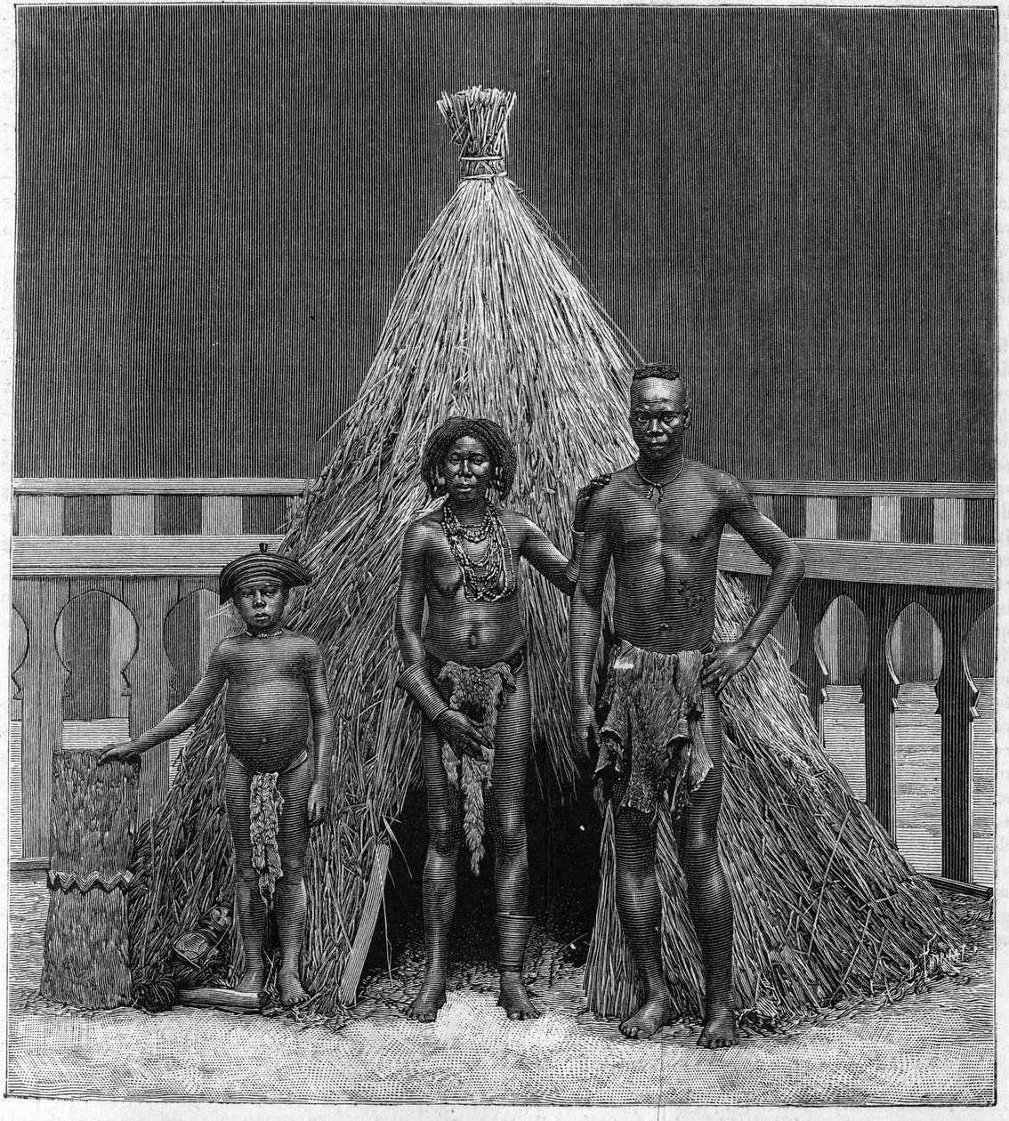 Man, vrouw en kind van de Angolese groep tentoongesteld in Parijs tijdens de Wereldtentoonstelling van 1889 (Menselijke dierentuin). door French School