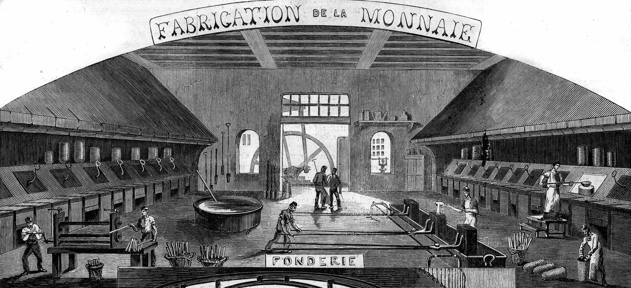 Geld maken: gieterij. Gravure in 