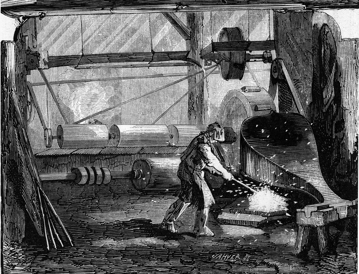 Fabricage van geweerloop: de ijzeren strips zijn roodgloeiend. Gravure in 