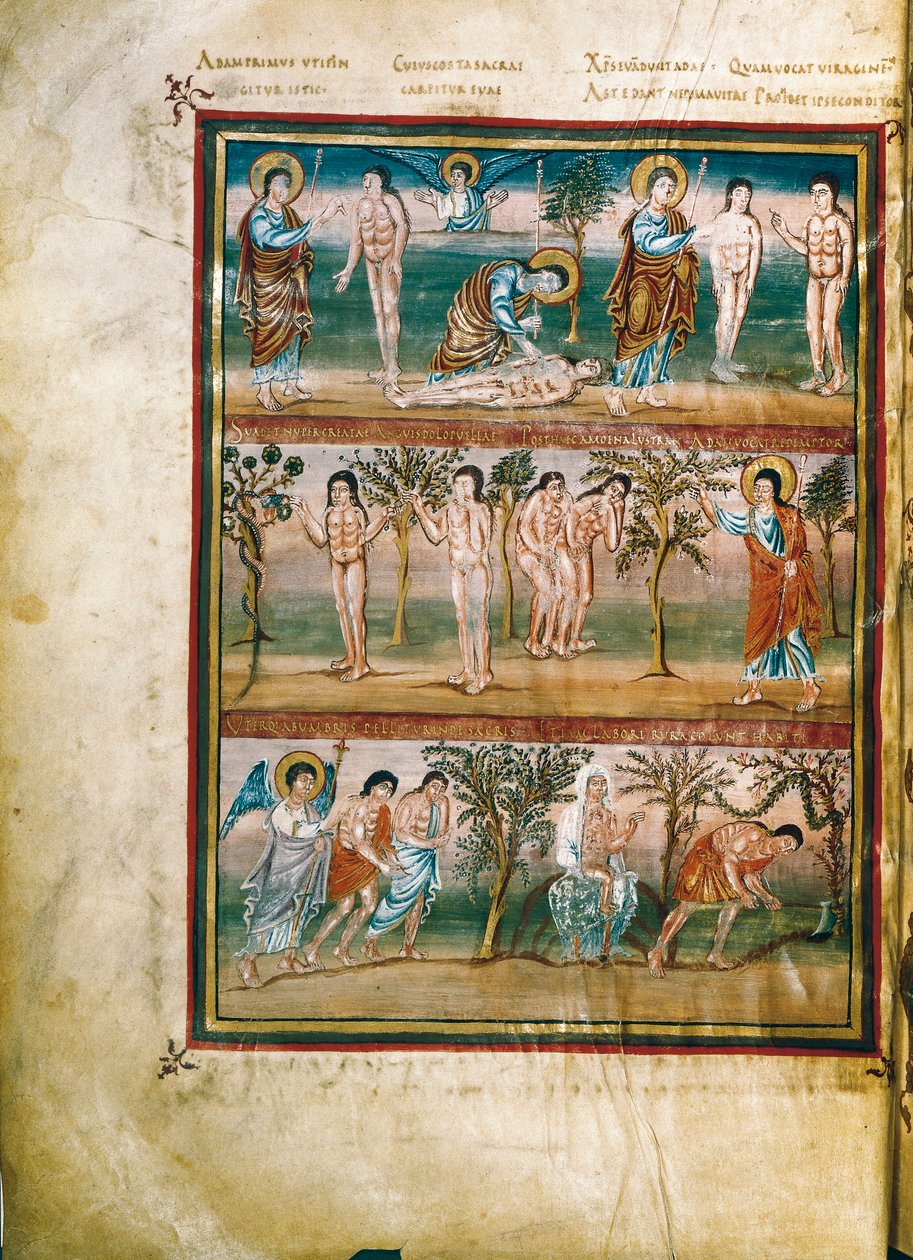 Manuscriptpagina met episodes uit het leven van Adam en Eva: schepping van Adam en Eva. De erfzonde. Verdrijving uit het Paradijs (miniatuur) door French School