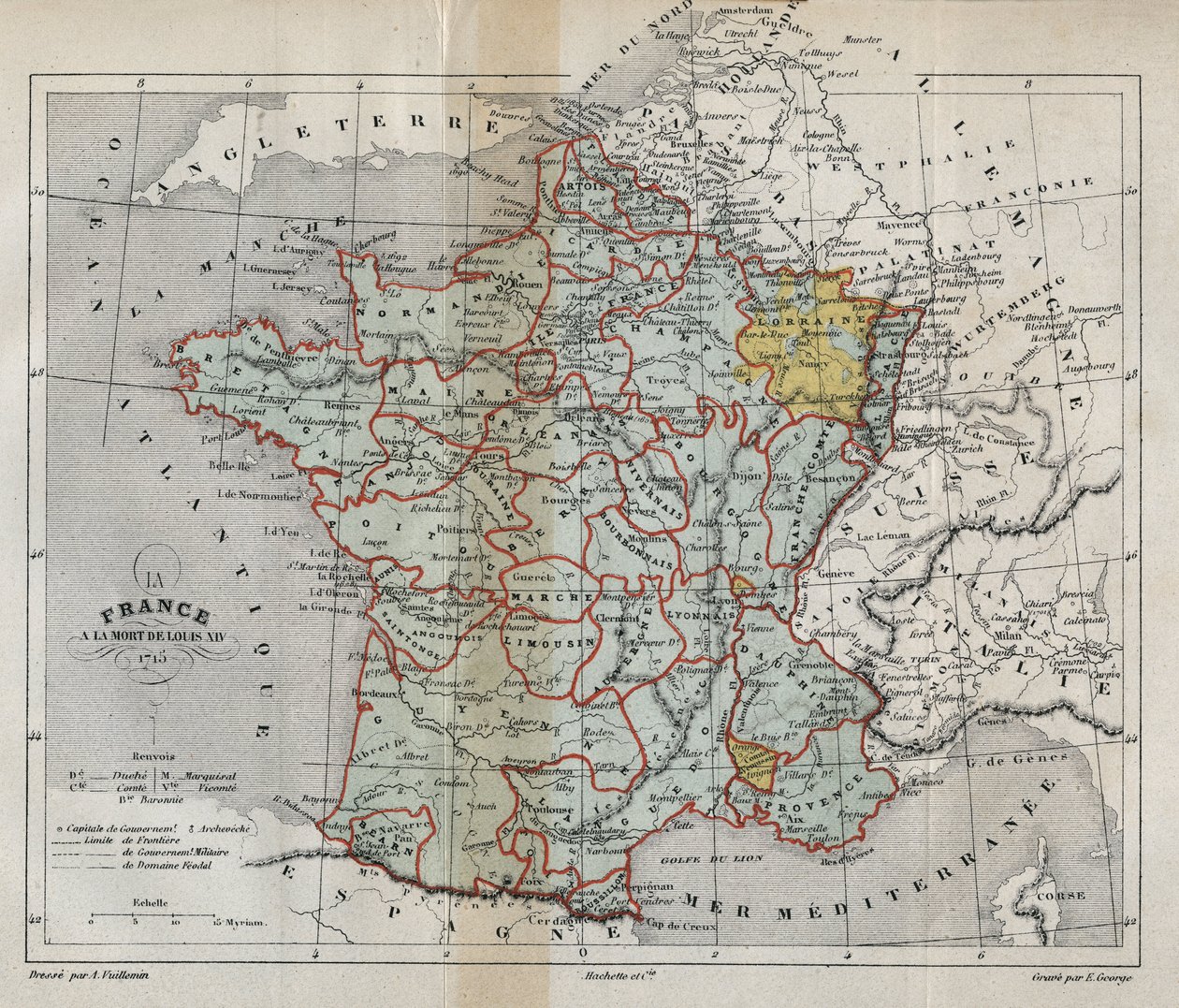 Kaart van Frankrijk bij de dood van Lodewijk XIV in 1715 - gravure in 