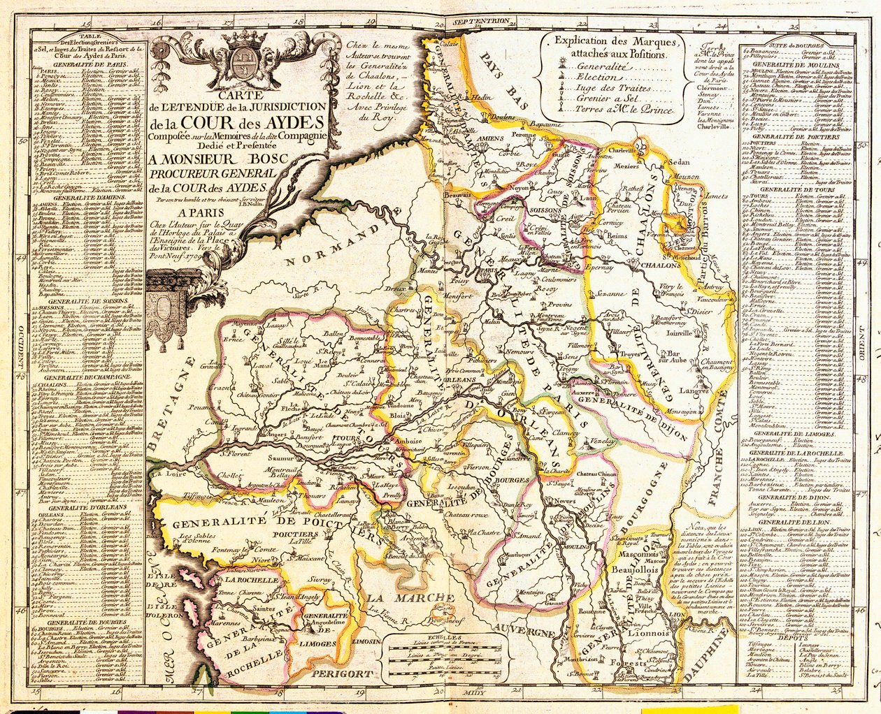 Kaart van Franse gebieden onder belasting, 1709, uit Le Theatre du Monde door Jean-Baptiste Nolin, gepubliceerd 1717 (handgekleurde gravure) door French School