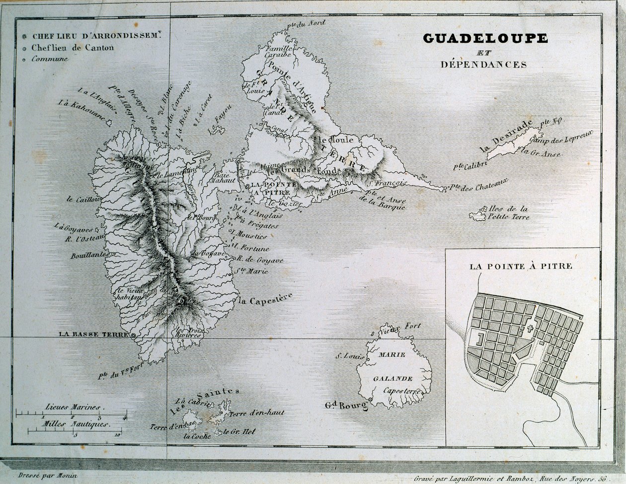 Kaart van Guadeloupe en zijn afhankelijkheden door French School