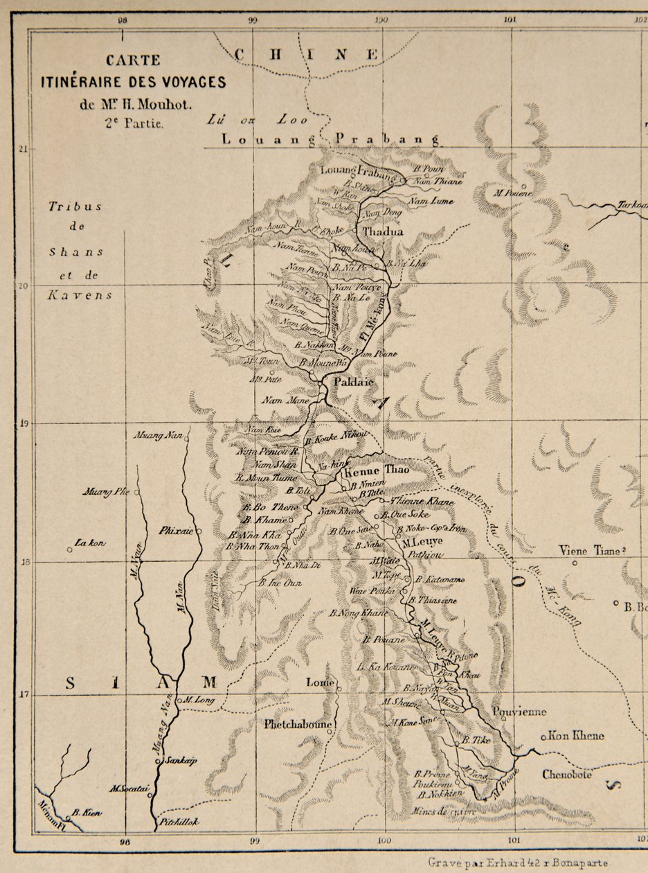 Kaart van Laos en de Mekong-rivier met de route van de reis van Henri Mouhot, illustratie uit Travels in the Central Parts of Indo-China (Siam), Cambodia, and Laos During the Years 1858, 1859 door French School
