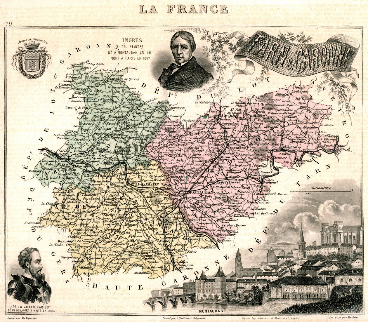 Kaart van Tarn-et-Garonne met een uitzicht op Montauban en portretten van Ingres en Jean Parisot de La Valette (kleur litho) door French School