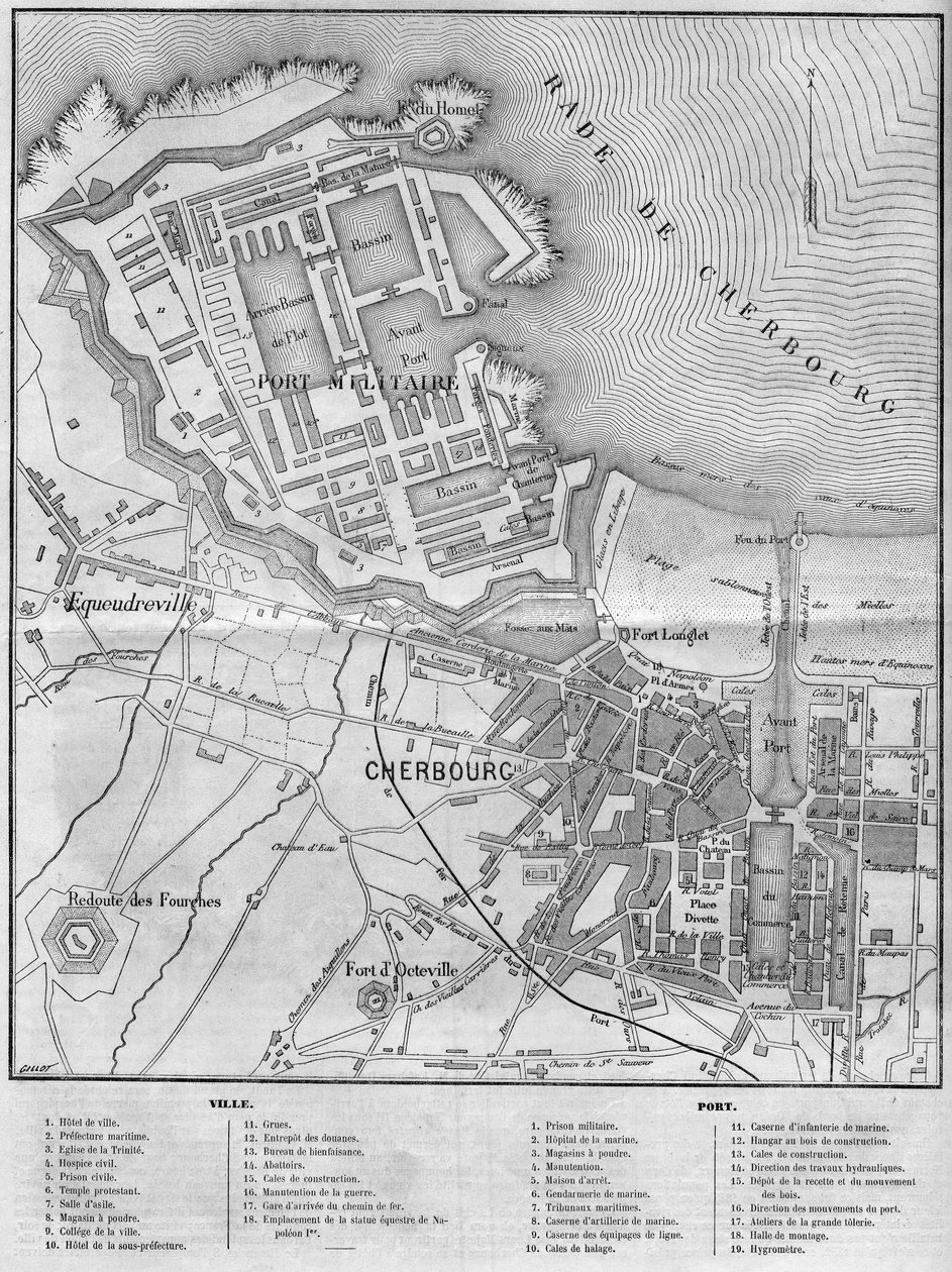 Kaart van de stad en haven van Cherbourg, Manche (50) door French School