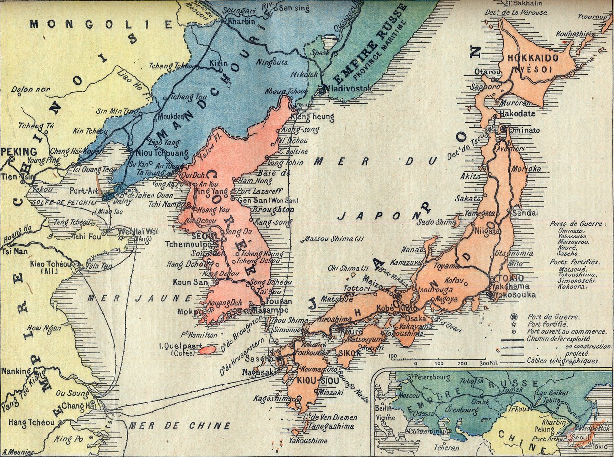 Kaart van het theater van de Russisch-Japanse Oorlog. Illustratie voor Le petit Journal, 28 februari 1904 door French School