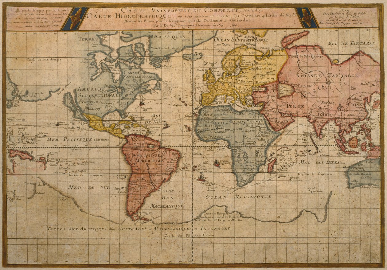 Kaart met de wereldhandelsroutes, cartografie door Pierre Duval (1619-83) gepubliceerd in 1686, Parijs door French School