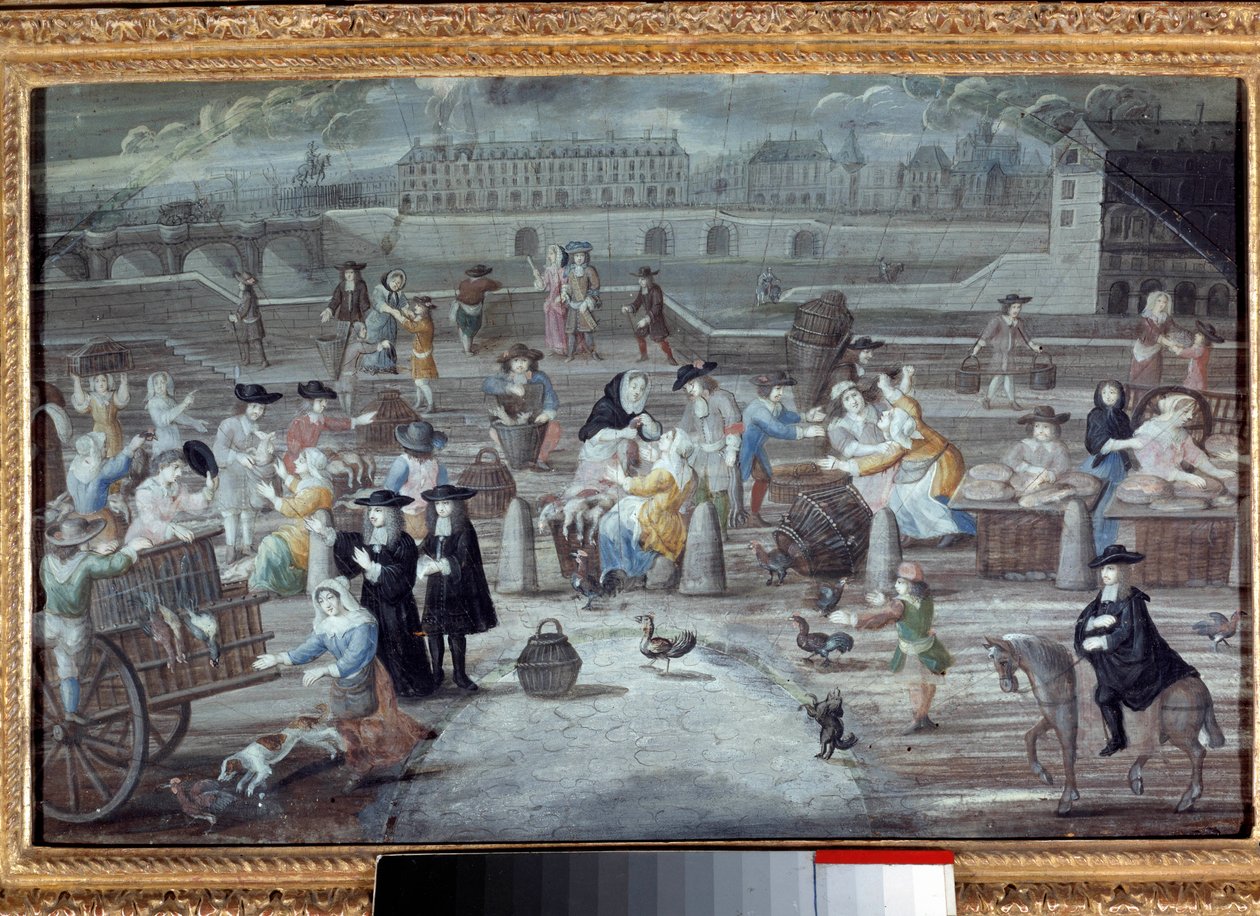 Markt voor gevogelte en brood, quai des Grands Augustins in Parijs in 1660. Anoniem Frans schilderij door French School