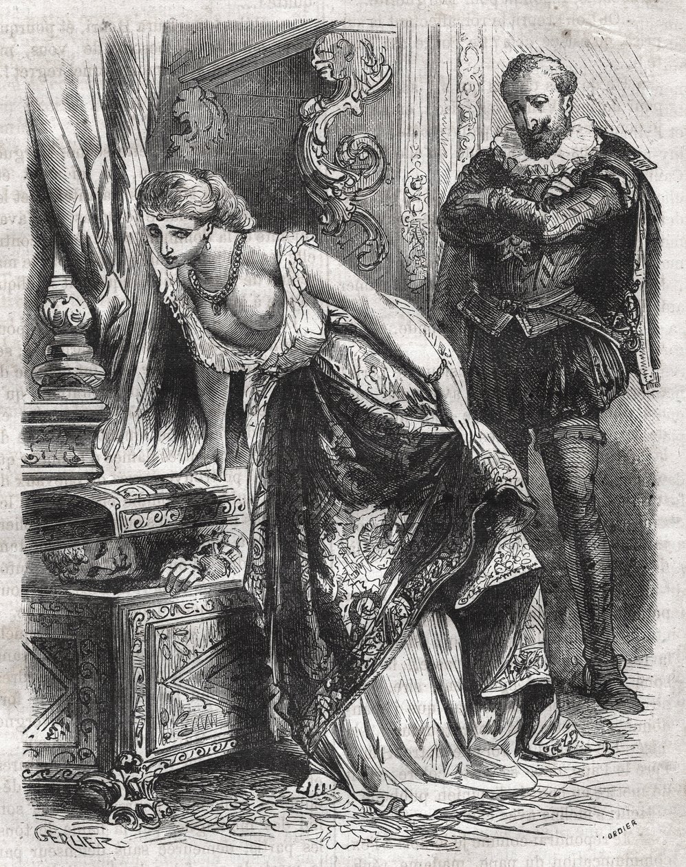 Marguerite de Valois (1553-1615), bekend als Koningin Margot, verbergt Julien de Leris, haar minnaar, in een kluis. Haar echtgenoot, Koning Hendrik IV van Frankrijk (1553-1610), observeert de scène met plezier. 16e eeuw. Gravure uit 1871 in 