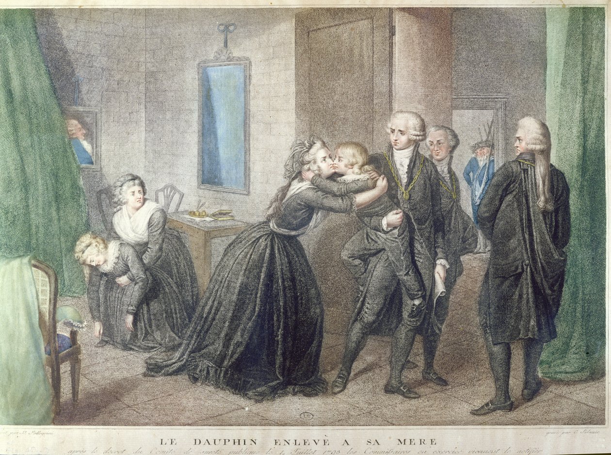Marie-Antoinette neemt afscheid van haar zoon de Dauphin, Louis-Charles de Bourbon, in de Tempel, 3 juli 1793 door French School