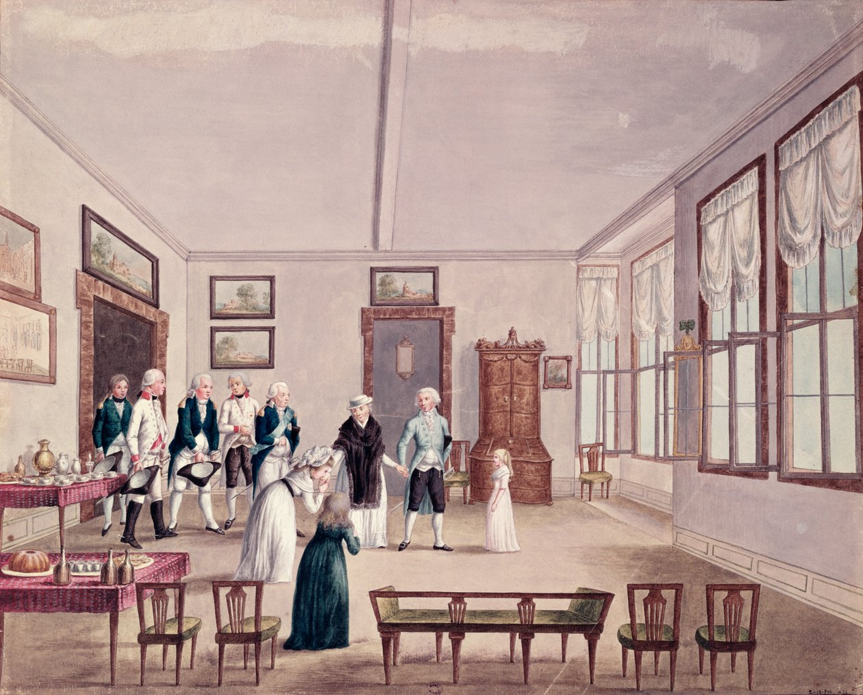 Marie-Thérèse-Charlotte de Bourbon, Madame Royale, ontmoet haar neven keizer Frans II van Oostenrijk en zijn vrouw Maria Teresa in Wenen na haar vrijlating in 1795 uit gevangenschap in Parijs, c.1796 door French School