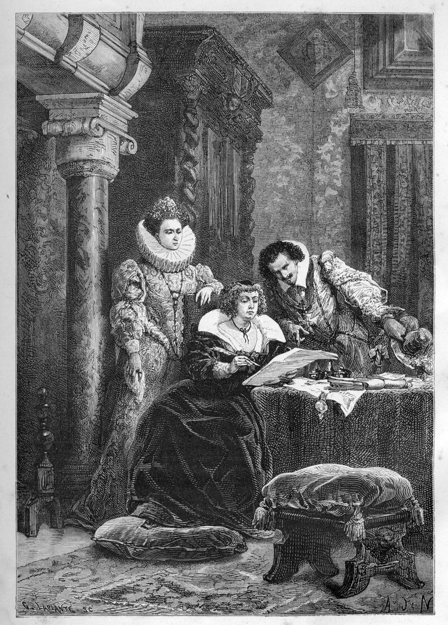 Marie de Medici met haar invloedrijke Italiaanse vrienden en vertrouwelingen Leonora Dori (Dosi) bekend als Galigai (1571-1617) en haar echtgenoot Concino Concini (circa 1575-1617) door French School
