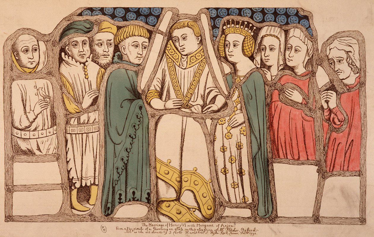 Huwelijk van Hendrik VI van Engeland (1421 - 1471) en Margarita van Anjou (1429 - 1482) in 1445. Gravure uit 1793. Bibl. van Arts Deco in Parijs door French School