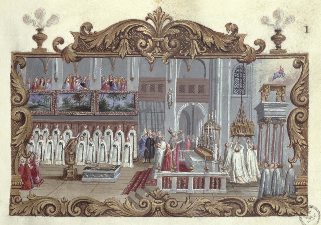 Mis gewijd aan St. Genevieve, uit een manuscript, 1709 door French School