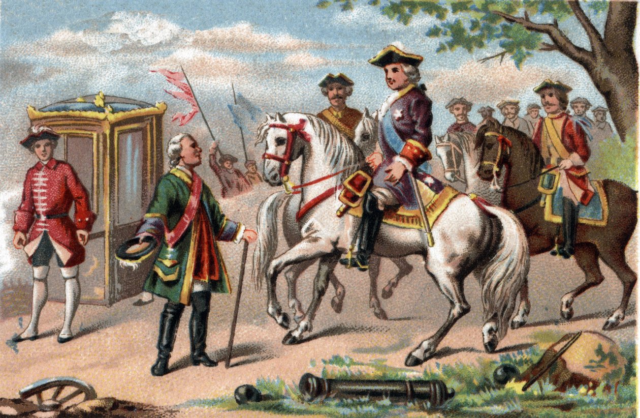 Maurice van Saksen, maarschalk van Saksen (1696-1750), zegevierend in de slag bij Fontenoy, ontmoette Lodewijk XV van Frankrijk (1710-1774). Chromolithografie rond 1890 door French School