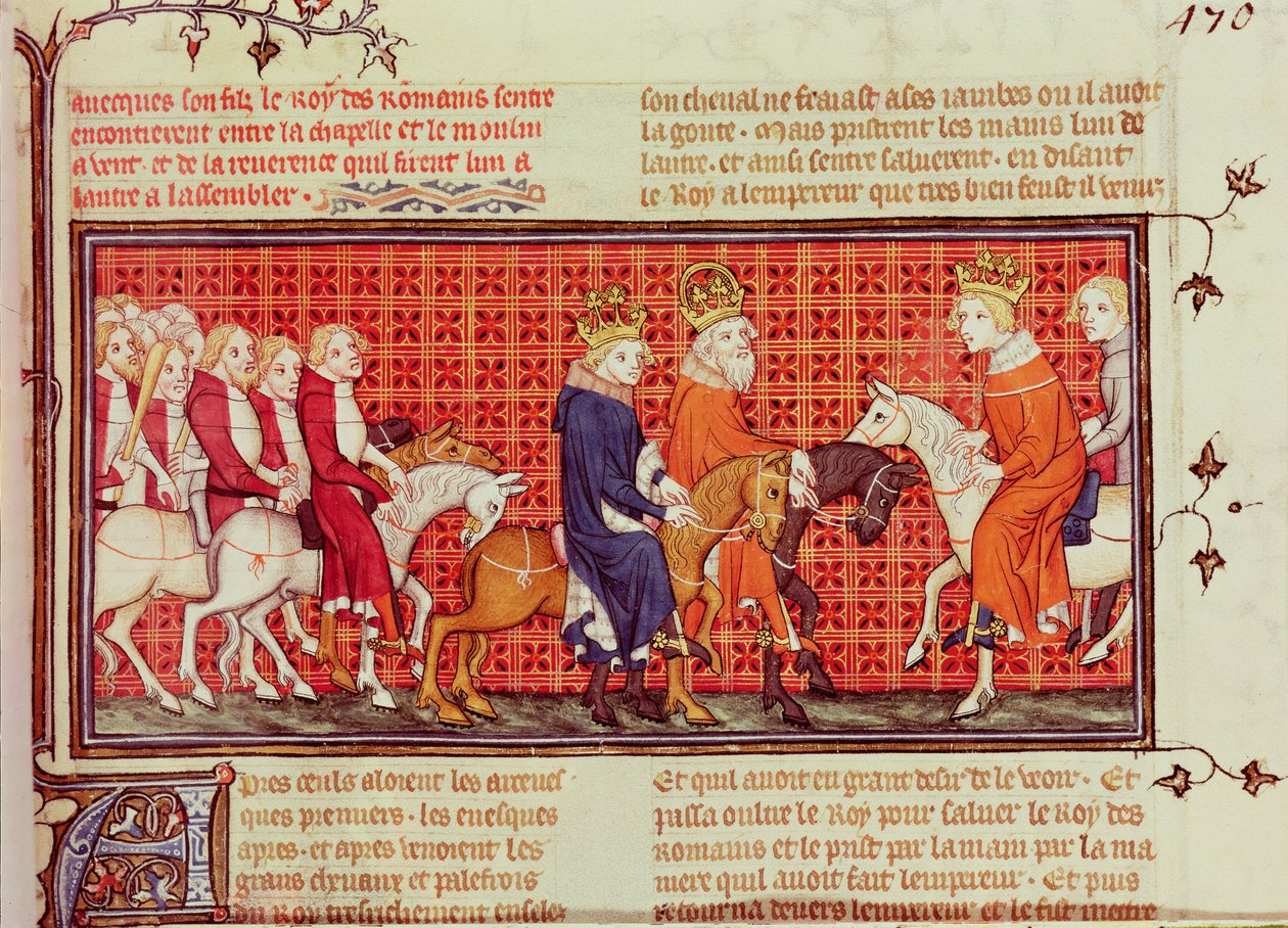 Ontmoeting tussen Karel V (1338-80) van Frankrijk en Heilige Roomse Keizer Karel IV (1316-78) Vergezeld door de koning van de Romeinen, uit Grandes Chroniques de France door French School