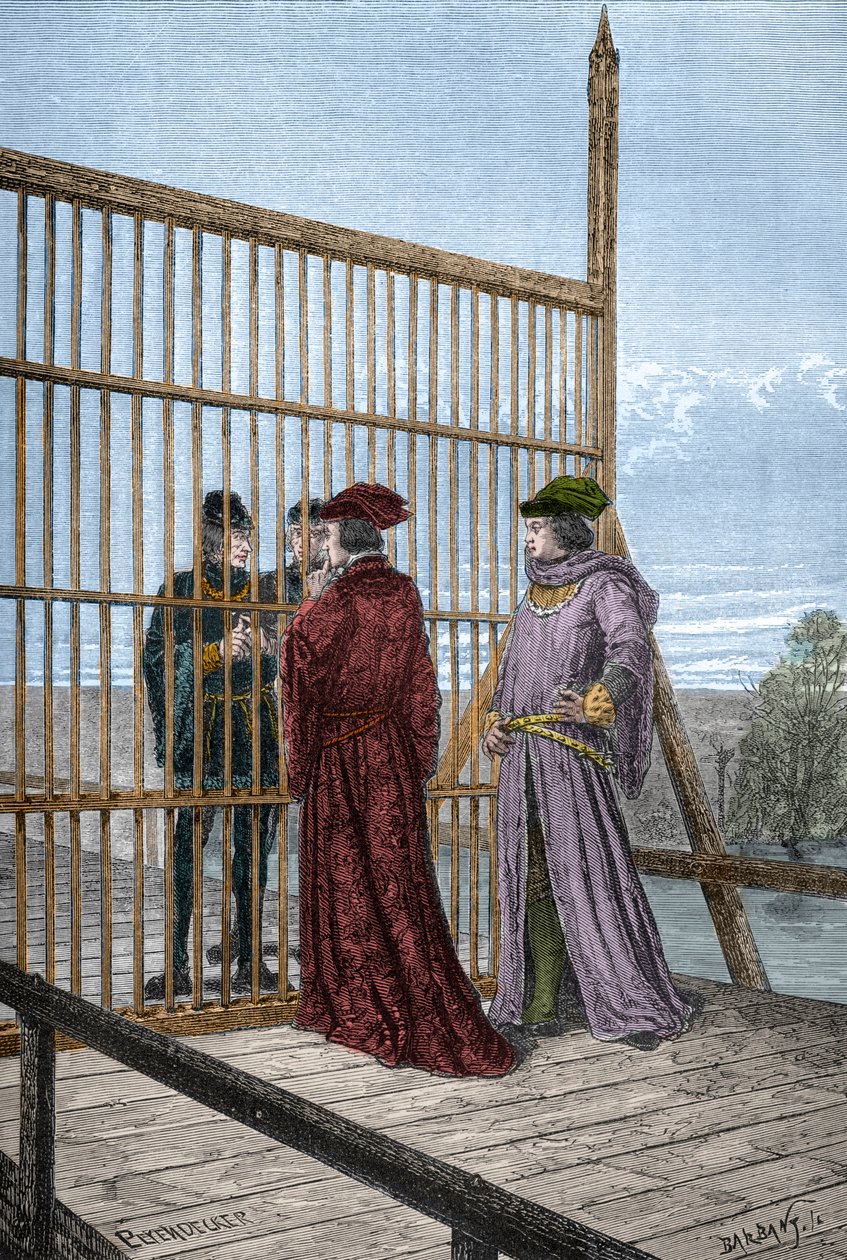 Ontmoeting van koning Edward IV en Lodewijk XI van Frankrijk in Pecquigny - Verdrag van Picquigny (departement van de Somme) op 29 augustus 1475 tussen Lodewijk XI en Edward IV beëindigt de Honderdjarige Oorlog - gravure in 
