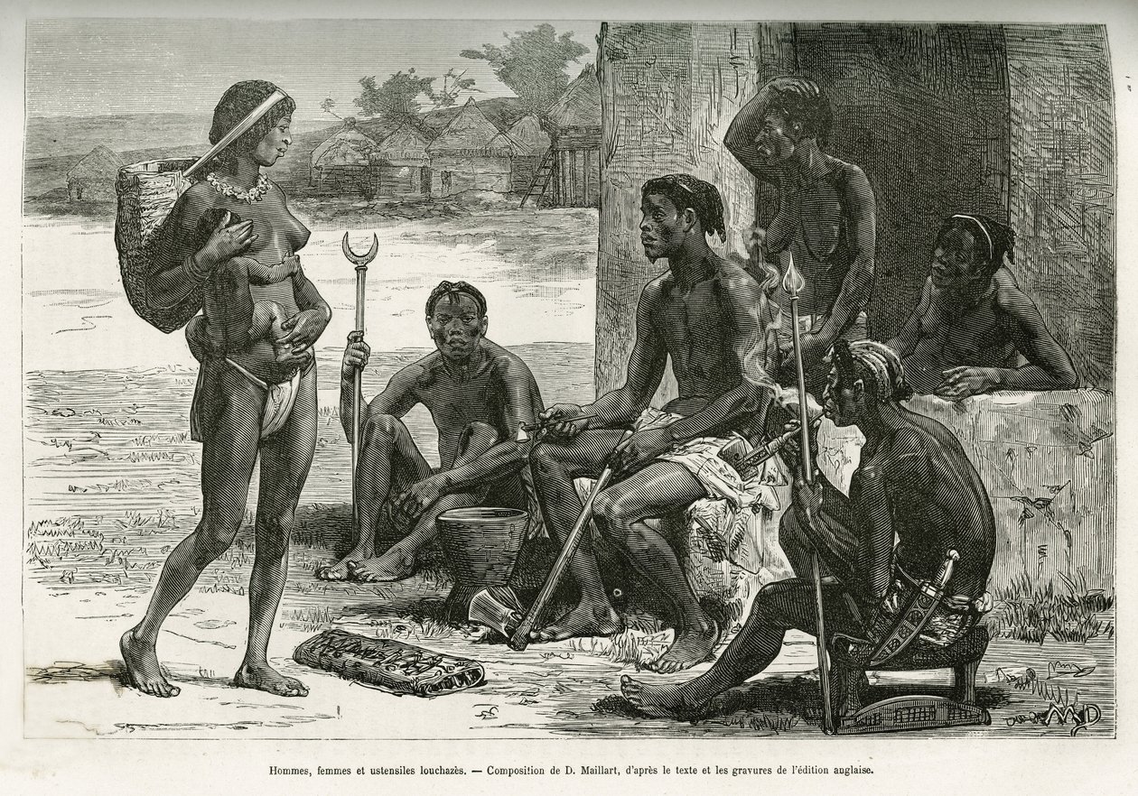 Mannen, vrouwen en gebruiksvoorwerpen (Bihe-regio, Rwanda). Gravure door D. Maillart, ter illustratie van het verhaal hoe ik Afrika doorkruiste, van de Atlantische Oceaan naar de Indische Oceaan, door Majoor Serpa Pinto, in 1877-1878, gepubliceerd in de To door French School