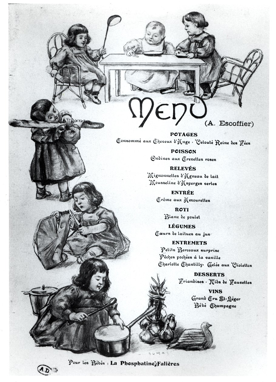 Menu gemaakt door Auguste Escoffier (1846-1935) voor Kinderen en Baby