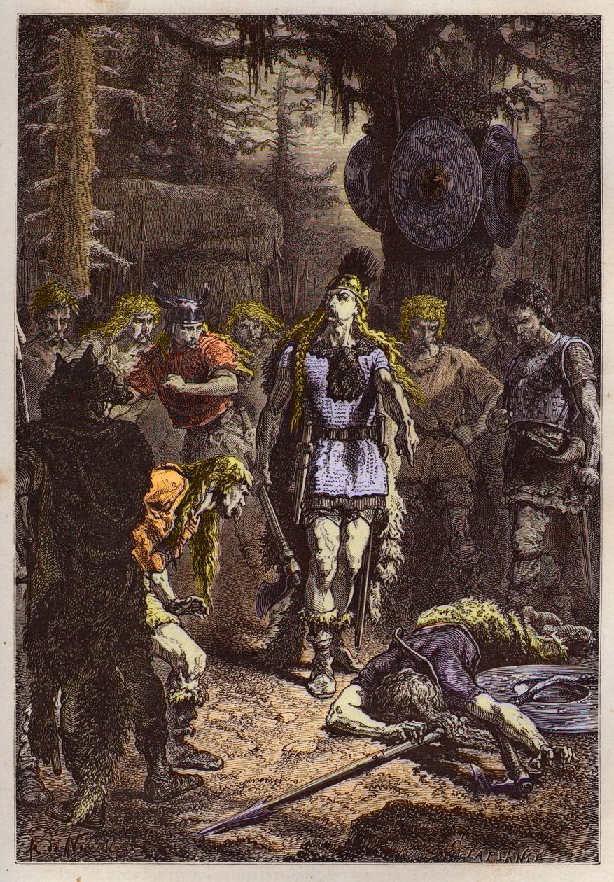 Merovingen: Clovis I slaat de soldaat neer die de vaas van Soissons had gebroken, in 486 - Clovis (465-511) en de Frankische krijger die de vaas van Soissons brak in 486 - gravure uit 