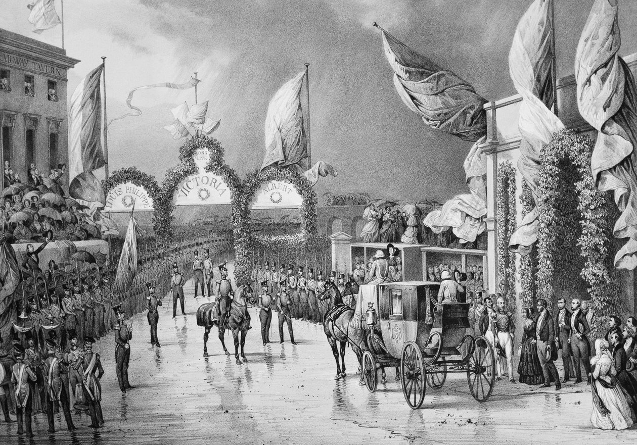 Militaire eer aan de koning in Gosport - Louis Philippe I, Koning van de Fransen, Prins Albert en Victoria, Koningin van Engeland bij Gosport Station tijdens het officiële bezoek van Louis-Philippe aan Groot-Brittannië (1844) door French School