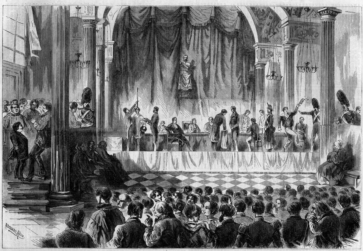 Militaire rekrutering: loting voor dienstplichtigen van 1858, in de Saint Jean-kamer van het stadhuis van Parijs. Gravure in "Le Monde Illustré" nr. 44 van 13 februari 1858. door French School