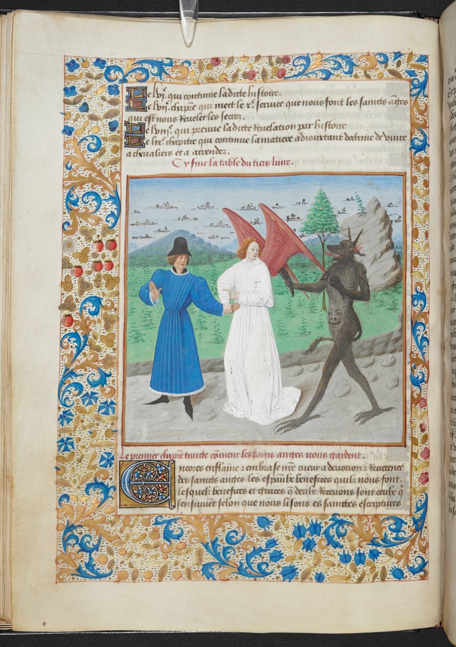 Miniatuur van een man met een beschermengel en een duivel, Sloane MS 3049 f. 27, ca. 1480 door French School