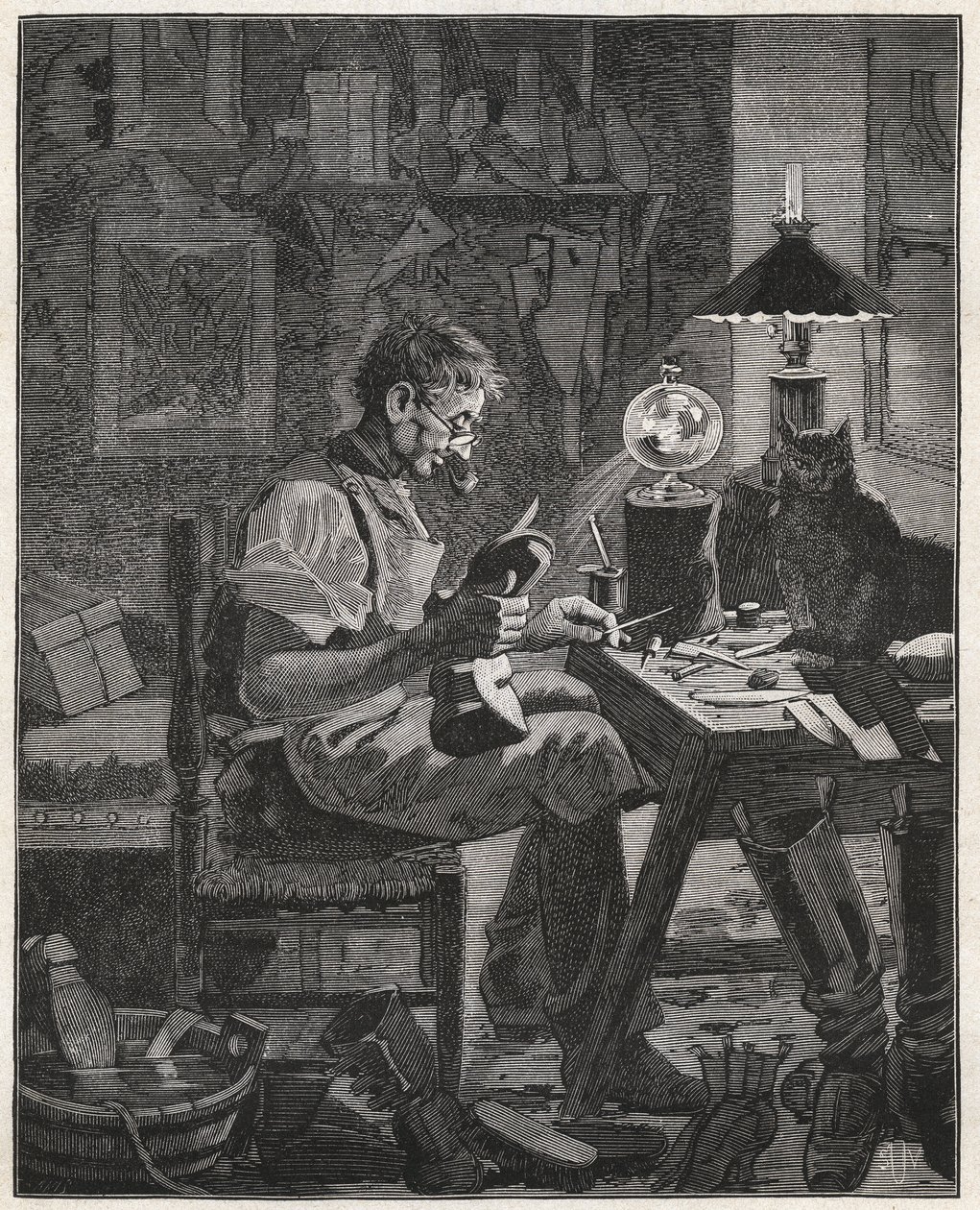 Moderne toepassing door een schoenmaker van de Pila Vitrea. Glazen bol gevuld met water om tussen een persoon en het object dat ze bekijken te plaatsen om het te vergroten en beter zichtbaar te maken. Gravure uit 1885 in 