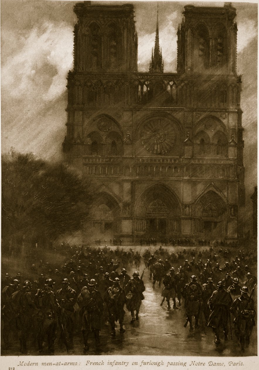 Moderne soldaten: Franse infanterie met verlof langs de Notre Dame, Parijs door French School