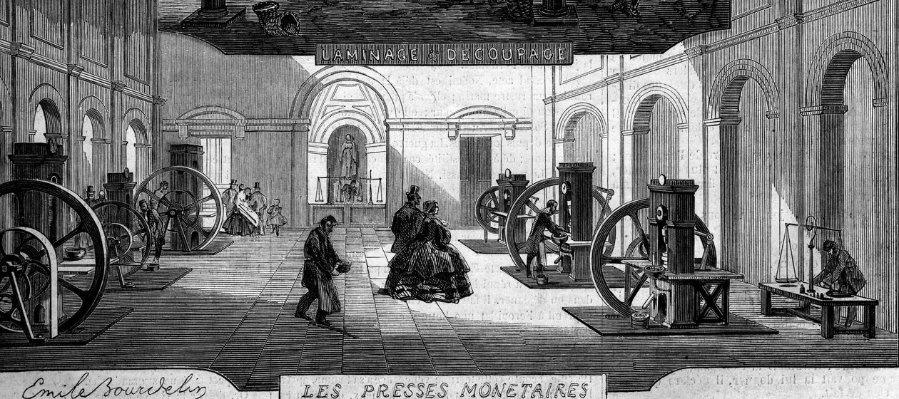 Geld maken: werkplaats voor geldpersen. Gravure in 