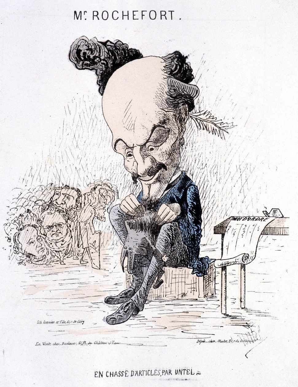Monsieur Rochefort op zoek naar artikelen door Untel. Karikatuur over Rochefort en de Commune door French School