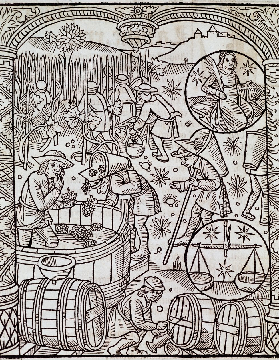 Maand van de oogst, met de sterrenbeelden Maagd en Weegschaal, gravure uit Le grand calendrier des bergers door French School