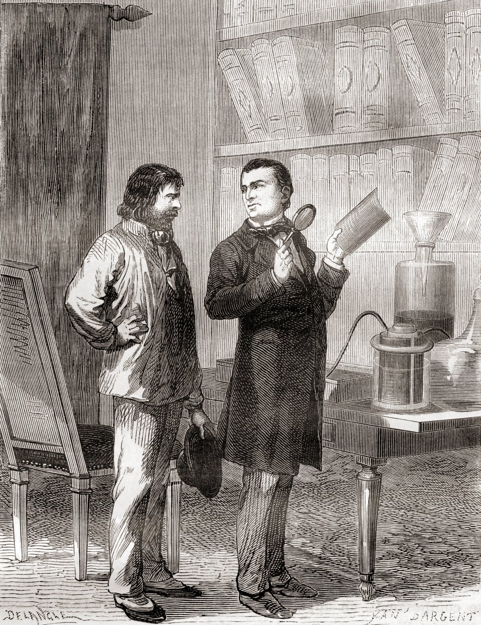 Moritz von Jacobi, rechts, ontdekt galvanoplastiek, of elektrotypen in 1838, uit Les Merveilles de la Science, gepubliceerd ca. 1870 door French School