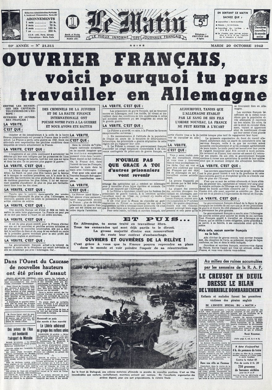 Ochtendkrant nr. 21311 van 20 oktober 1942: De Sto - Verplichte Arbeidsdienst - Waarom werken in Duitsland door French School