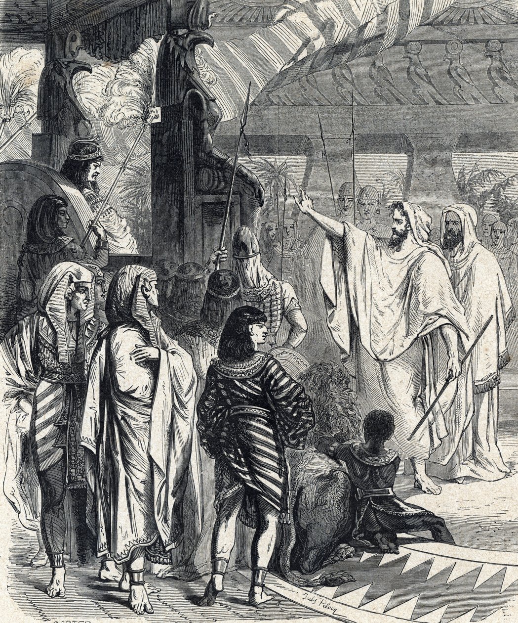 Mozes en Aaron bezoeken de farao (Mozes en Aaron bezoeken de farao) Gravure uit 