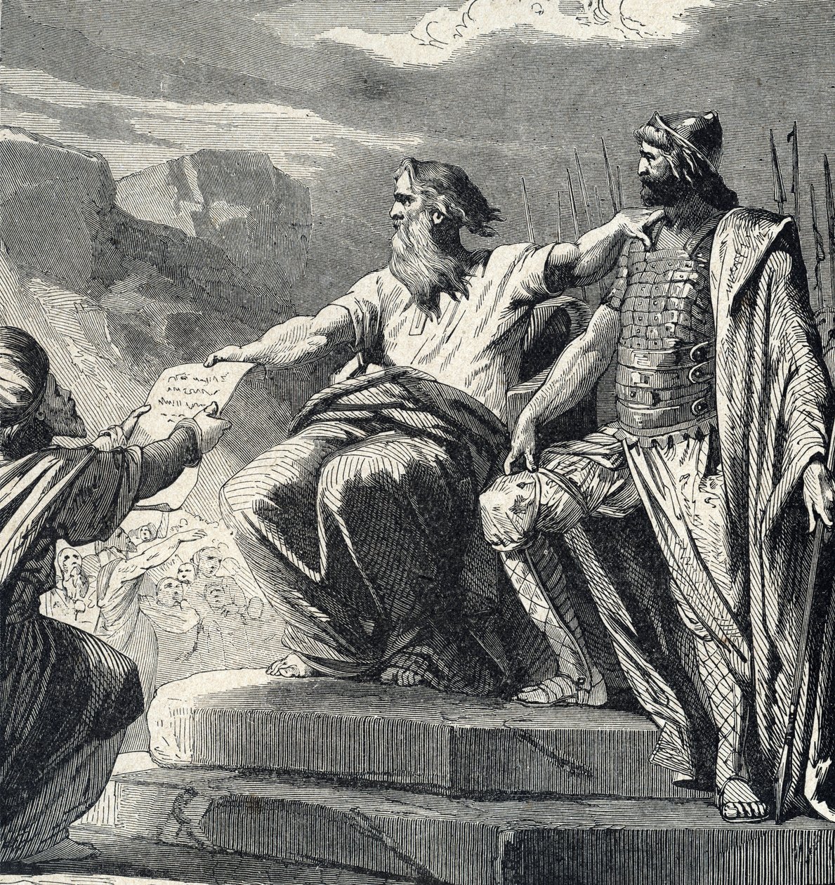 Mozes beveelt het volk van Israël de autoriteit van Jozua te erkennen (Mozes kiest Jozua als zijn opvolger) Gravure uit 