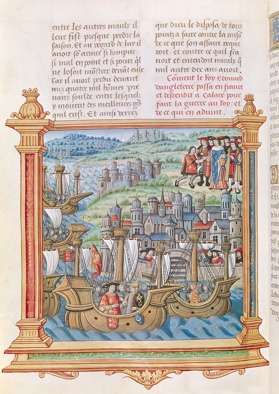 Edward IV van Engeland landt in Calais, uit de Memoires de Philippe de Commines door French School