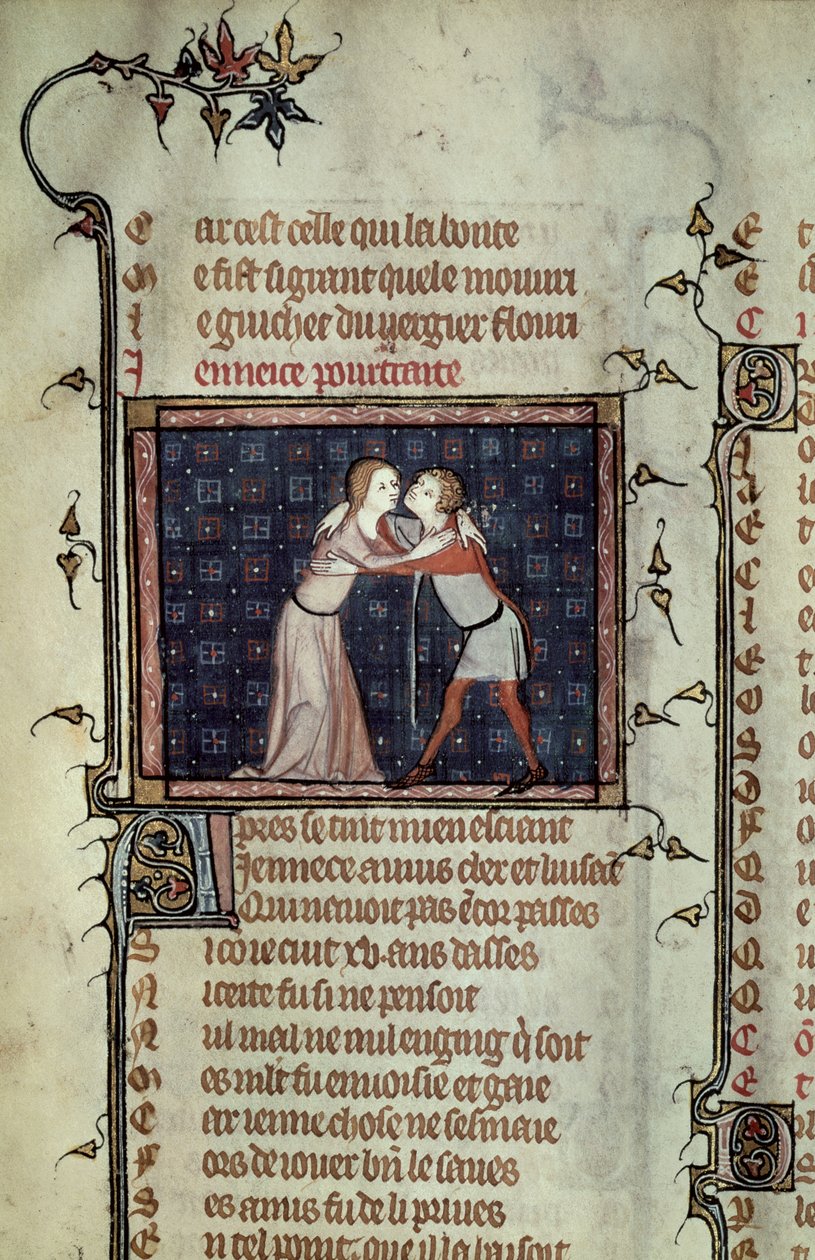 Ms 1126 fol.8r Jeugd en liefde omhelzen, uit Le Roman de la Rose door Guillaume de Loris en Jean de Meung door French School