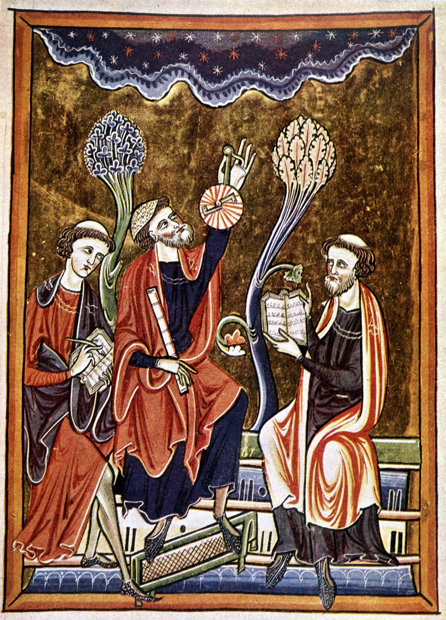 Ms 1186 f.1, De Astronoom, de Klerk en de Rekenaar, facsimile van een miniatuur uit het Psalmenboek (Psalter) van St. Louis en Blanche de Castile door French School