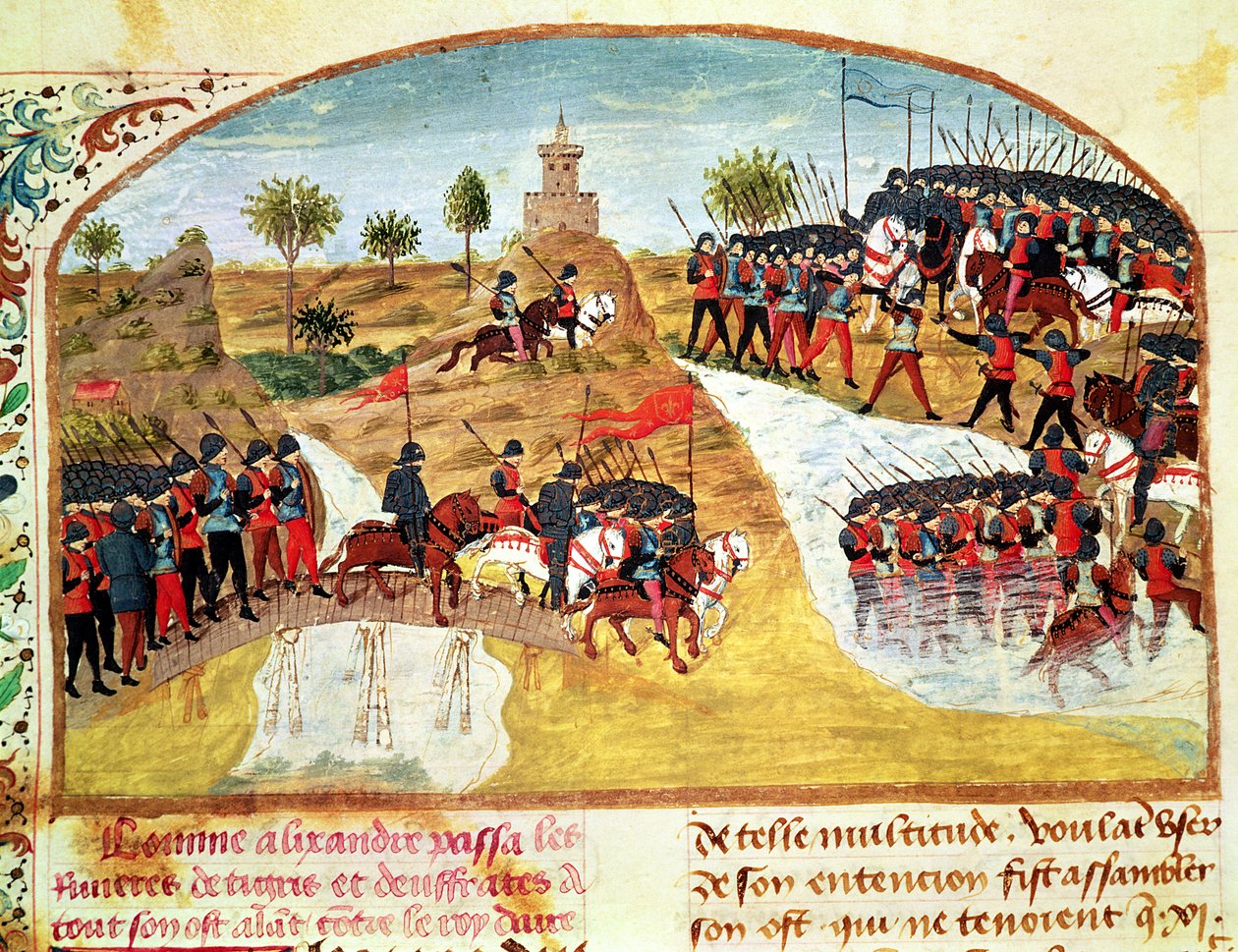 Ms 1335 f.62v Hoe Alexander de Grote (356-323 v.Chr.) de Tigris en de Eufraat overstak, uit Vie d