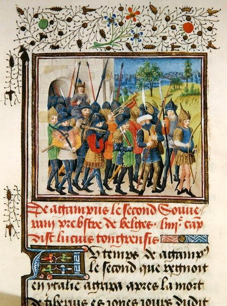Ms 149 t.1 fol.45 Een leger op campagne, uit de Histoire des Nobles Princes de Hainaut, door Jacques de Guise door French School