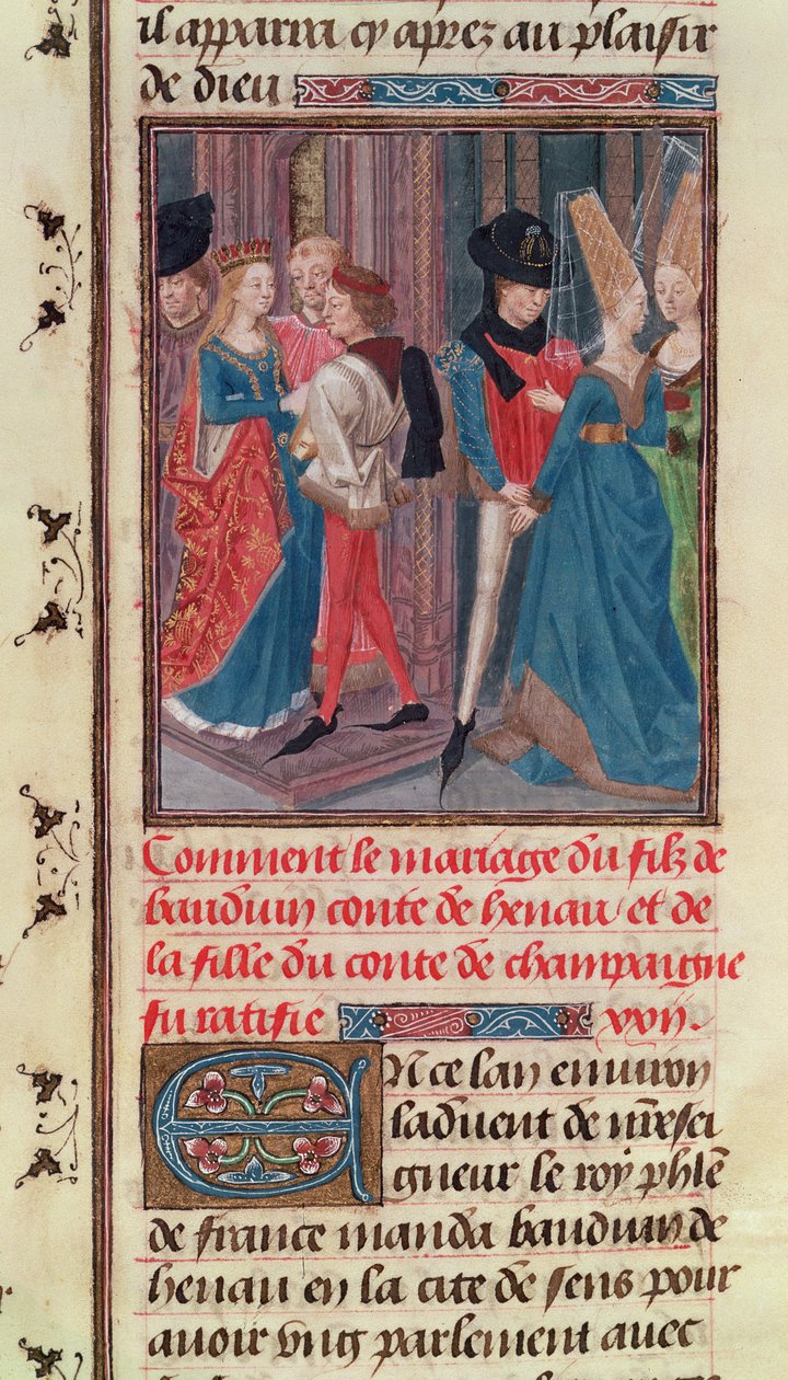 Ms 149 t.3 fol.105 Huwelijk van Boudewijn VI en Marie, dochter van de Graaf van Champagne, uit de Histoire des Nobles Princes de Hainaut, door Jacques de Guise door French School